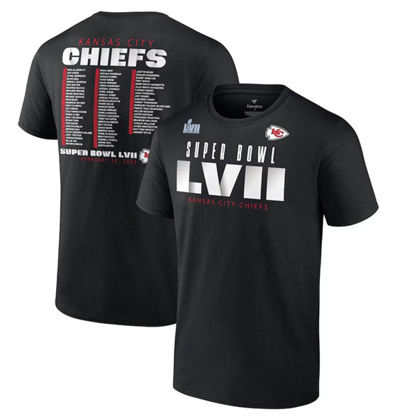 Men's Kansas City Chiefs Black Super Bowl LVII Varsity Roster T-Shirt - Click Image to Close